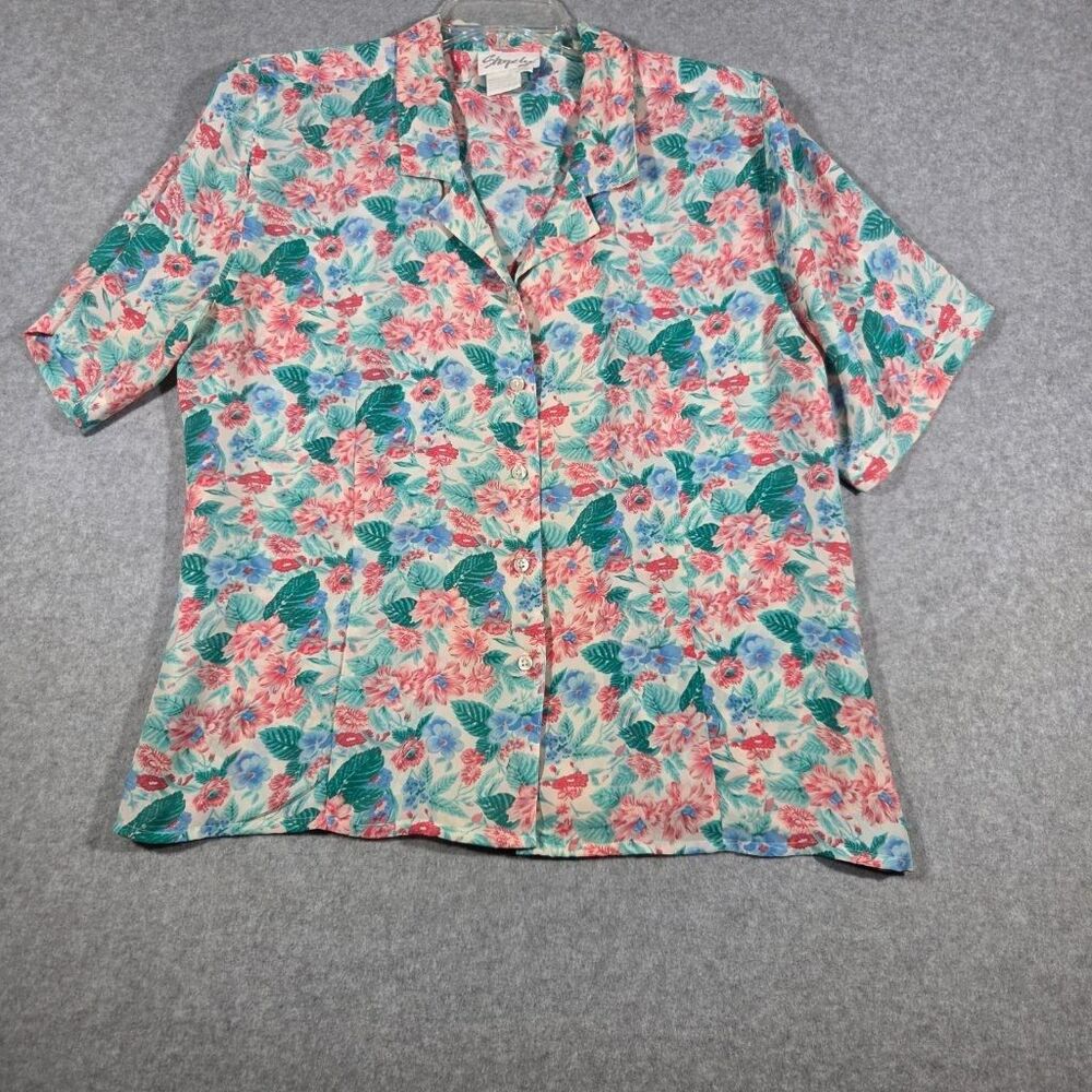 Vintage Shapely Womens 18 Floral Blouse Short Sleeve Button Up Tropical Pink